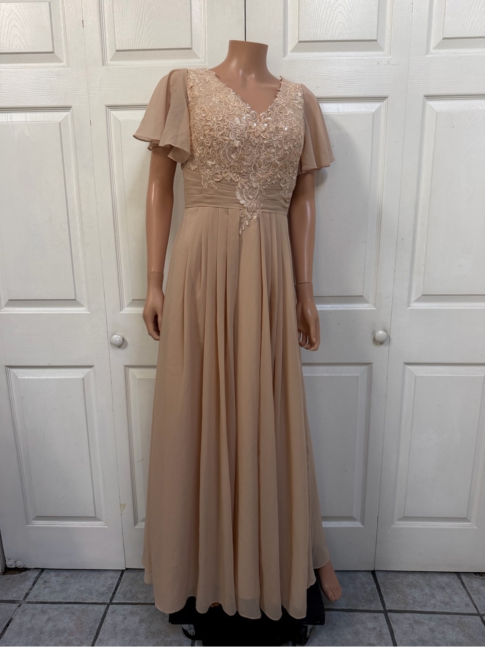 Tan Evening Gown Size L- 2X Maxi Dress with Lace Bodice and Flutter Sleeves